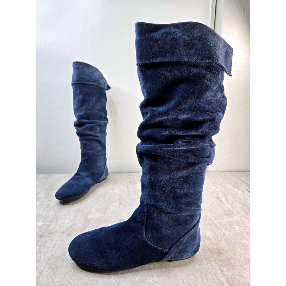 Gianni Bini Slouchy Knee High Flat Boots Sz 7 Navy Blue Suede Fold Over Y2K Boho